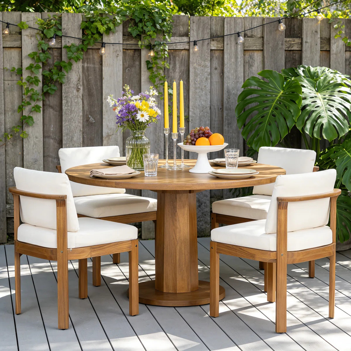 Modern Transitional Acacia Wood Outdoor Dining Chairs with Cushions | Wayfair North America
