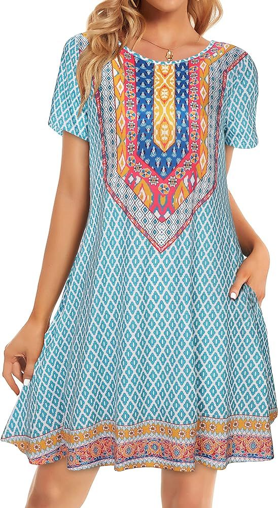 elescat Women Summer Dress Tshirt Beach Sundress Casual Plus Size Flowy Swing Short Sleeve Loose ... | Amazon (US)