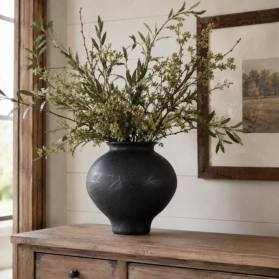 Large Black Ceramic Vase, 11 Inch Round Wide Mouth Flower Vase, Matte Pottery Urn for Centerpiece... | Amazon (US)