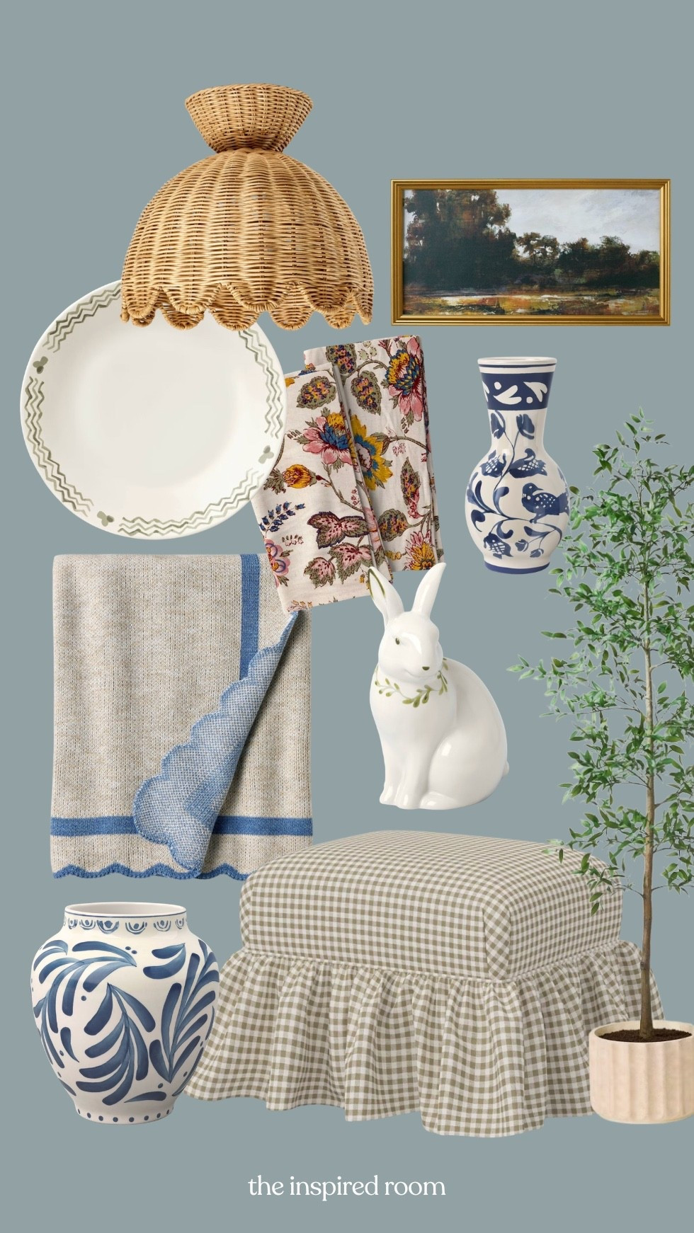 Spring 2026 target decor finds - gingham ruffle slipcover ottoman (color and pattern options), art, semi flush mount, napkins, bunny, throw blanket, blue and white, framed art, stoneware plate 

#LTKSeasonal #LTKHome #LTKSaleAlert