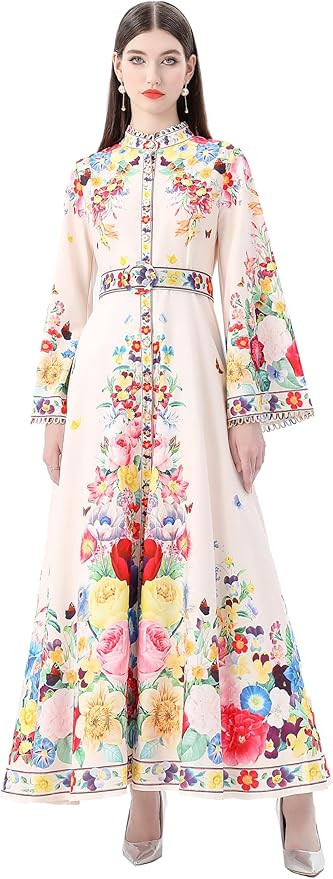 LAI MENG FIVE CATS Women's Floral Bell Sleeves Crew Neck Single Breasted Print Maxi Dress with Be... | Amazon (US)