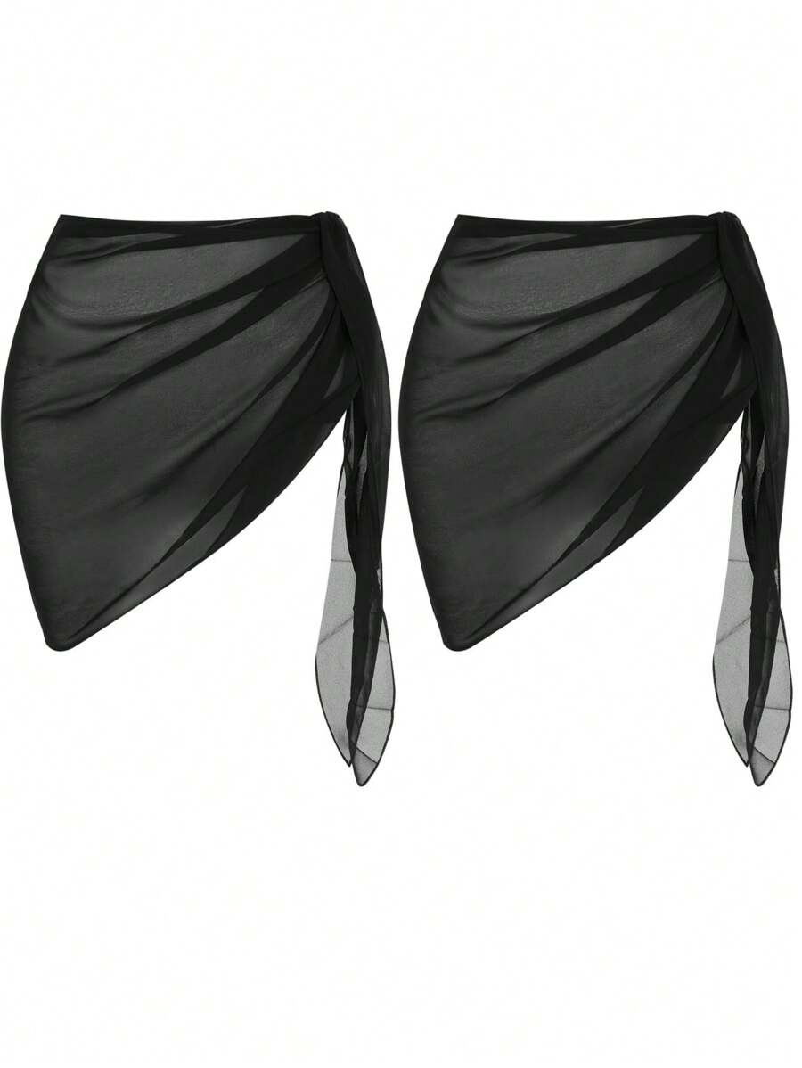 Swim Oasis 2pcs Side-Tie Asymmetric Hem Sheer Lightweight Summer Beach Cover-Up Skirt  Black Skir... | SHEIN