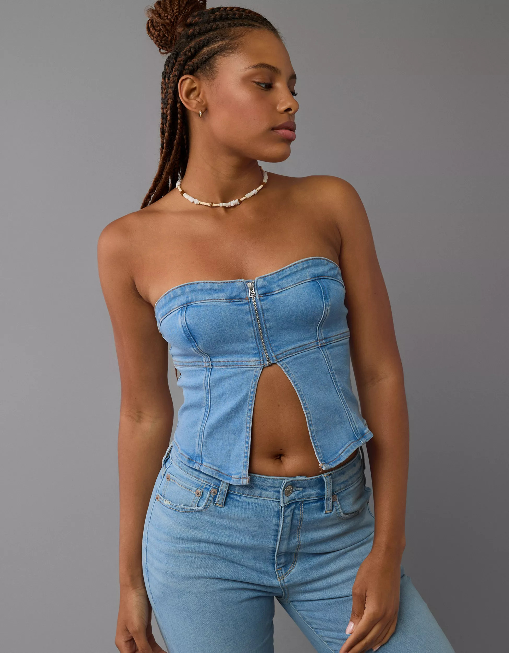 AE Denim Zip-Front Tube Top | American Eagle Outfitters (US & CA)