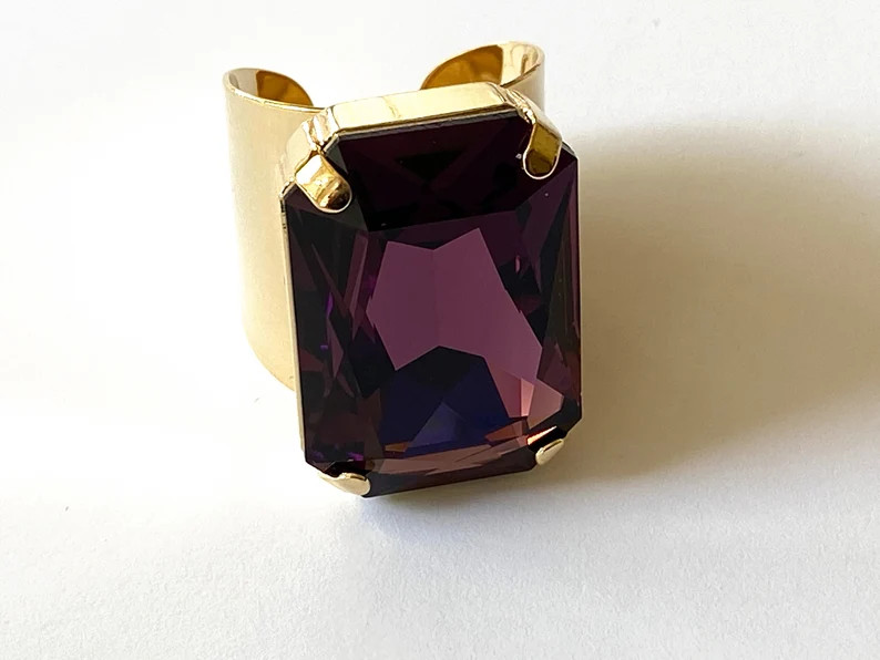 Amethyst Octagon Crystal Ring: Eye-catching Gold Plated Adjustable Cuff, Flamboyant, Cocktail, La... | Etsy (Global)