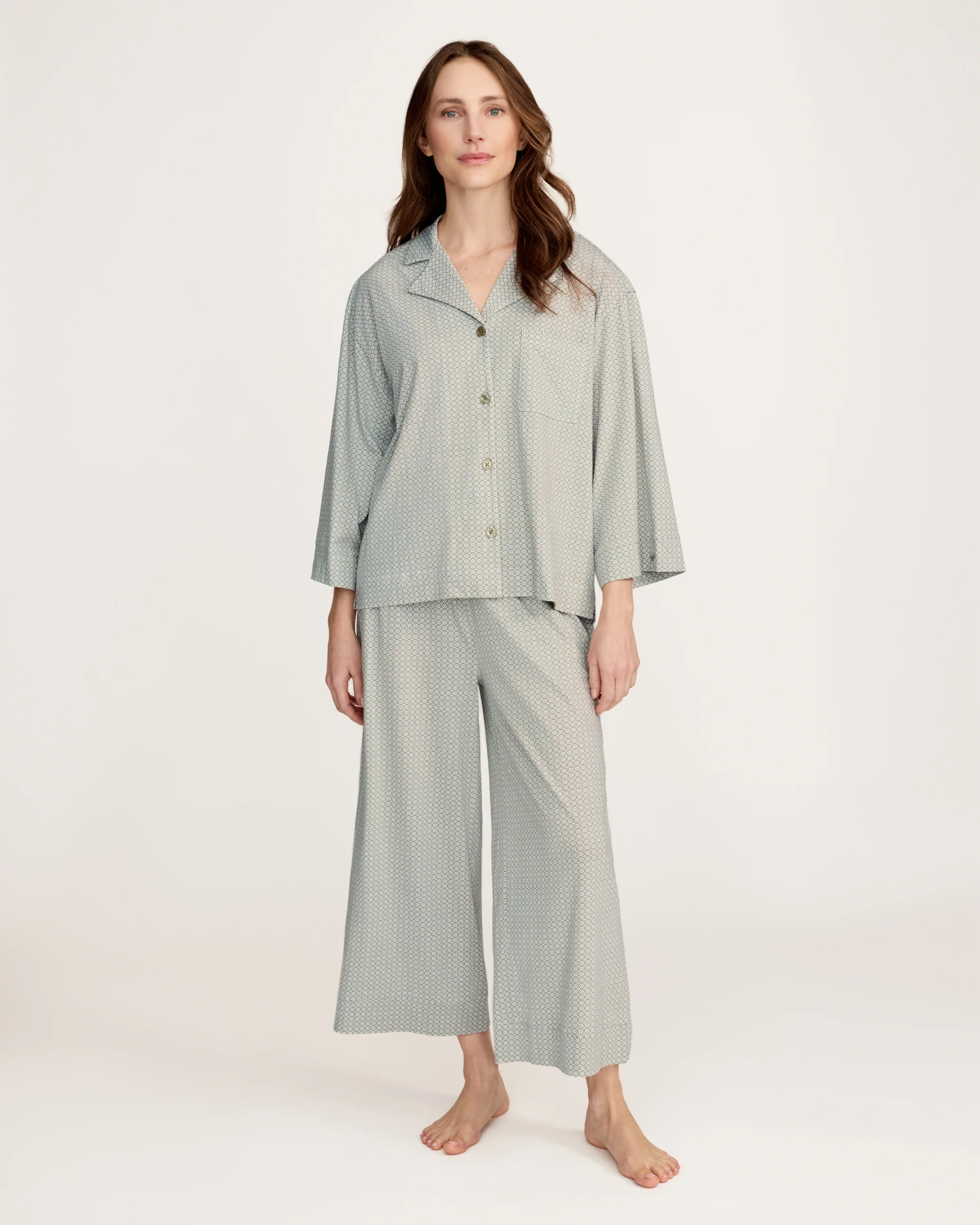 The Olivia Wide Leg Lightweight Pima Pajama Set in Sage Geo | Petite Plume