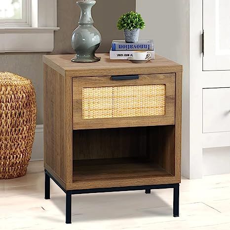 Anmytek Rattan Drawer Nightstand, Bedroom Living Room Side Table Natural Wood End Table Wood Fini... | Amazon (US)