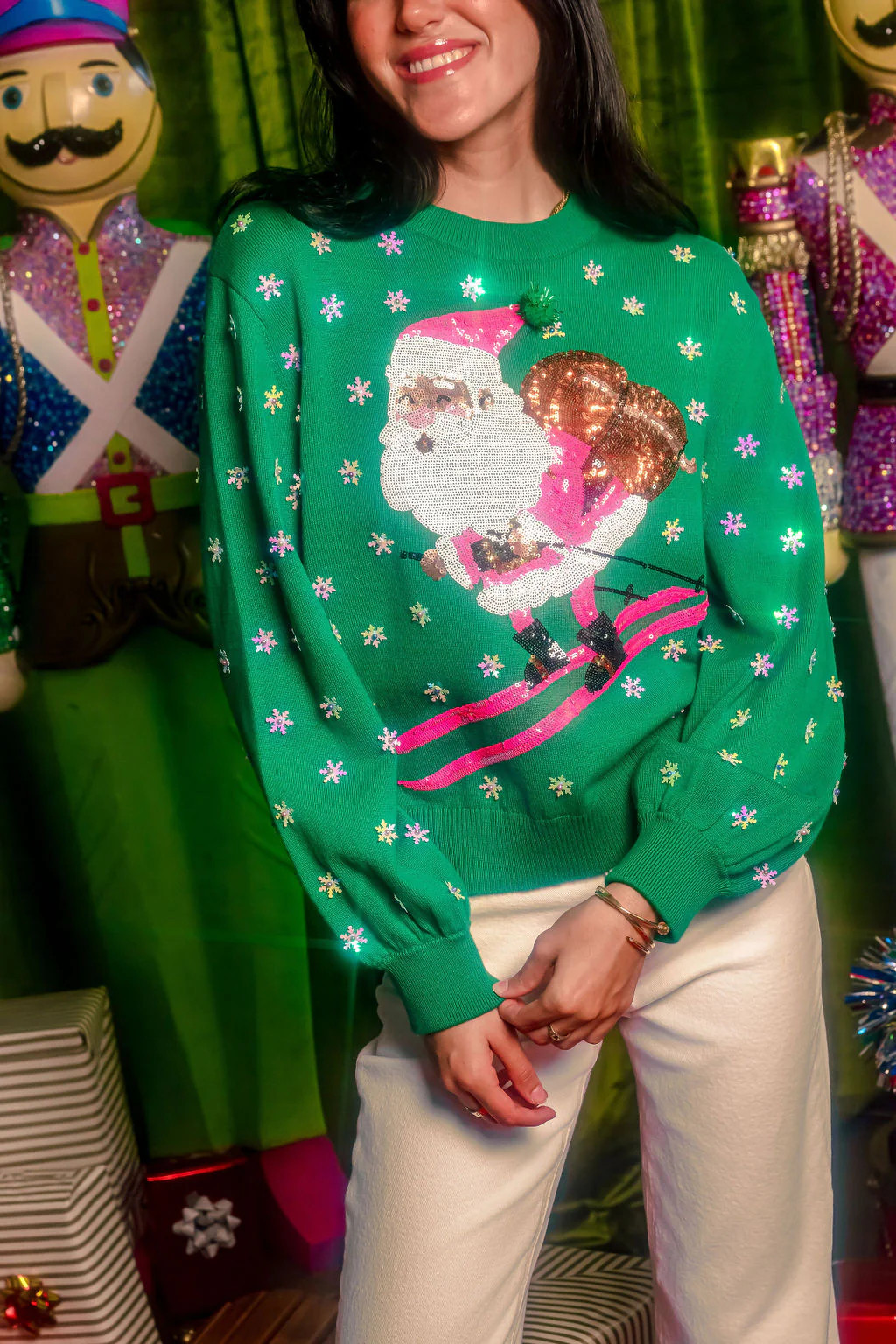 Green & Neon Pink Santa Skiing Sweater | Queen of Sparkles