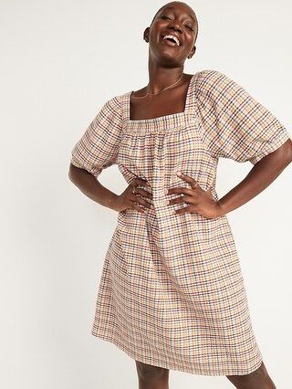 Textured Dobby-Gingham Puff-Sleeve Swing Dress for Women | Old Navy (US)
