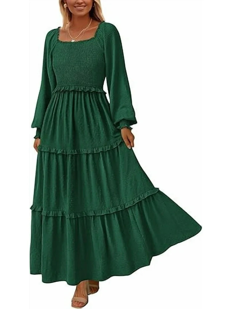 PRETTYGARDEN Women's Spring Long Sleeve Smocked Maxi Dress Casual Square Neck Swiss Dot Tiered Ru... | Walmart (US)