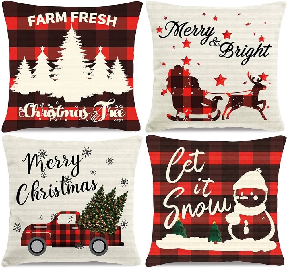 HAJACK Christmas Pillow Covers, Christmas Decorations Throw Pillow Covers, 18x18 Inches Set of 4 ... | Amazon (US)