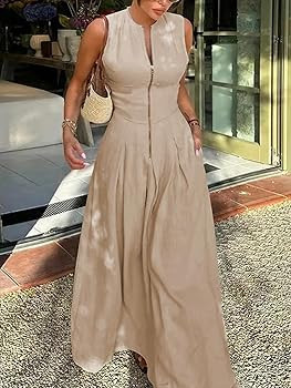 UOOZEE Womens 2024 Casual Sleeveless Zipper Long Dress Summer Beach Maxi Dress with Pockets | Amazon (US)