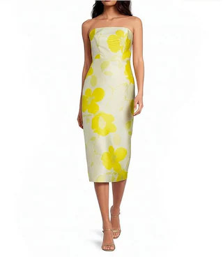 Floral Print Strapless Sheath Chiffon Midi Dress | Dillard's