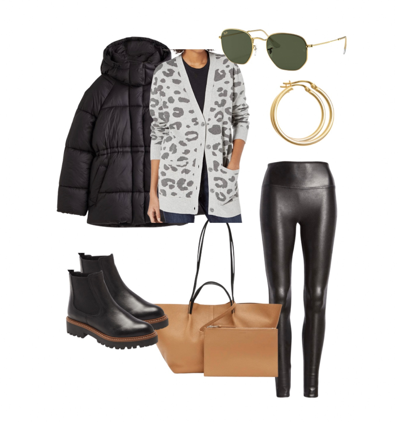 Cardigan Amazon find spanx leggings outfit tote work bag puffer jacket Chelsea boots 