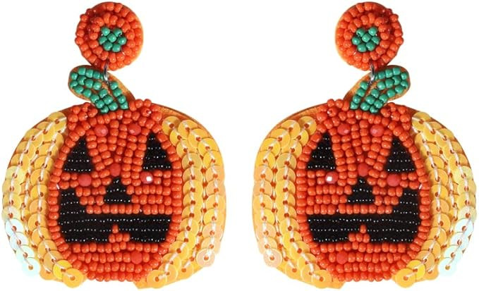 Halloween Element Beaded Earrings - Handmade Pumpkin, Skull, Ghost and bat Design for Halloween P... | Amazon (US)