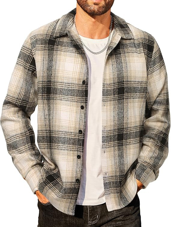COOFANDY Men's Flannel Shirts Casual Button Down Plaid Shirt Jacket Long Sleeve Fleece Shacket | Amazon (US)