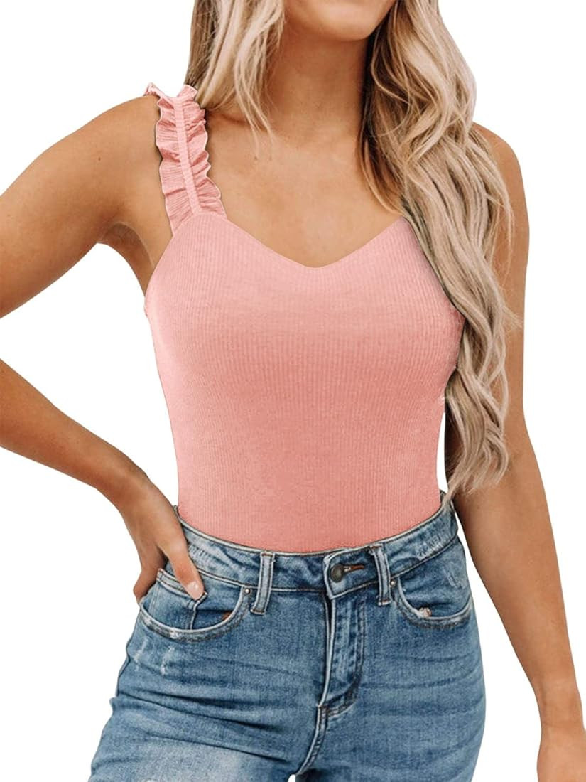 PINKMSTYLE Womens Ruffle Strap Square Neck Tank Tops Slim Ribbed Sleeveless Shirt Blouses | Amazon (US)