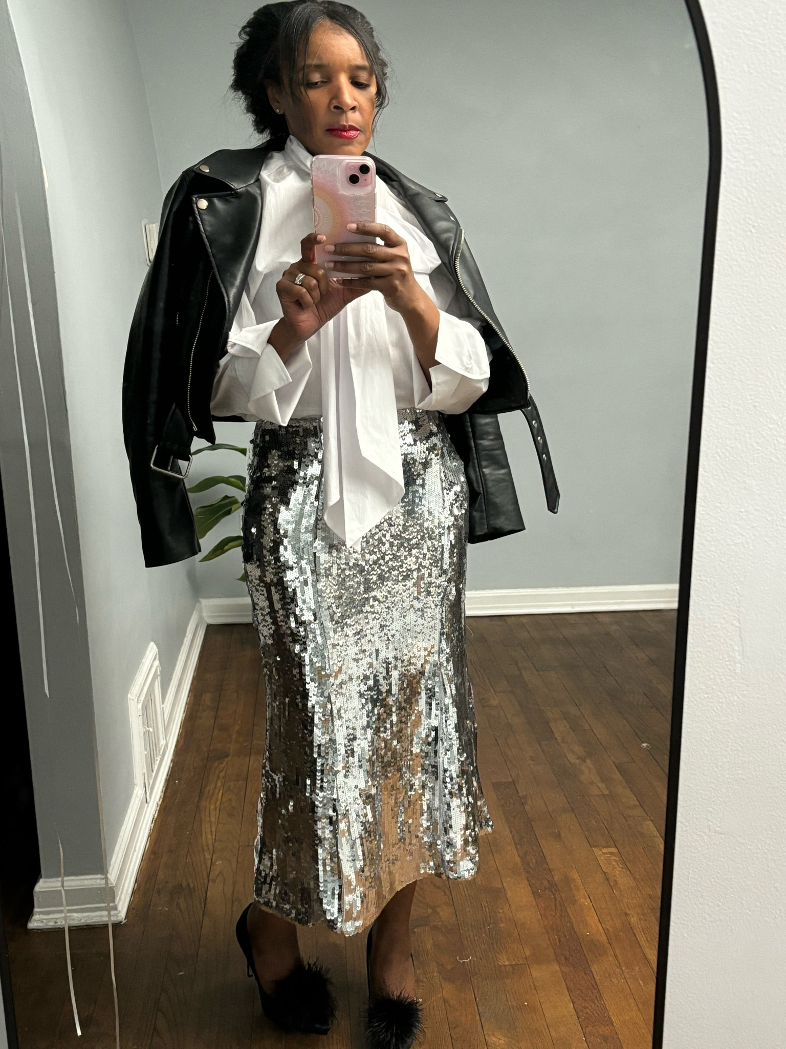 Silver sequin skirt oversized white shirt with tie moto jacket black heels red lipstick Valentine’s outfit date night outfit #valentines #LTKMostLoved #sequin #skirt 

#LTKover40 #LTKstyletip #LTKsalealert