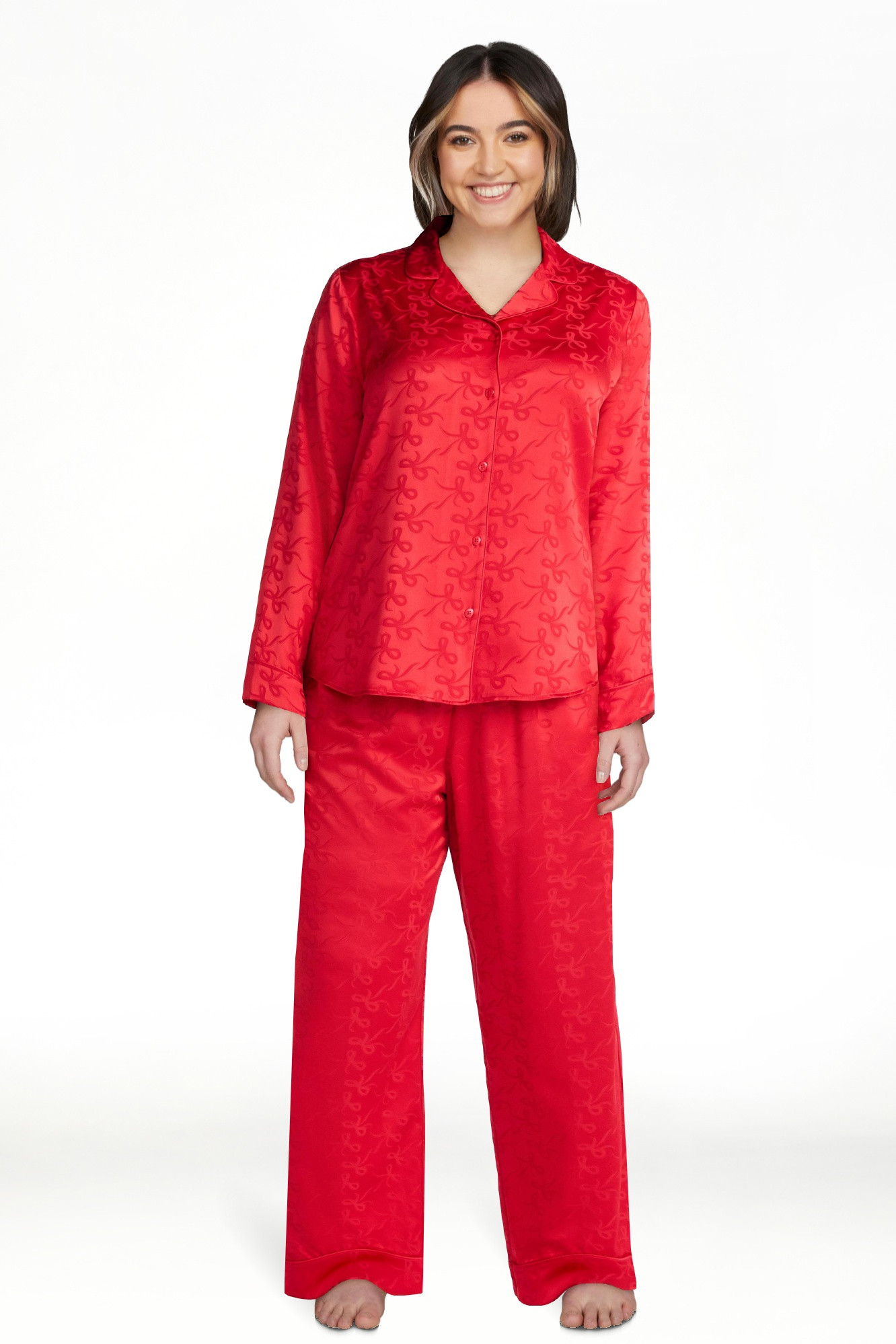 Joyspun Women’s Stretch Satin Notch Long Sleeve Top and Pants Pajama Set, 2-Piece, Sizes XS-3X | Walmart (US)