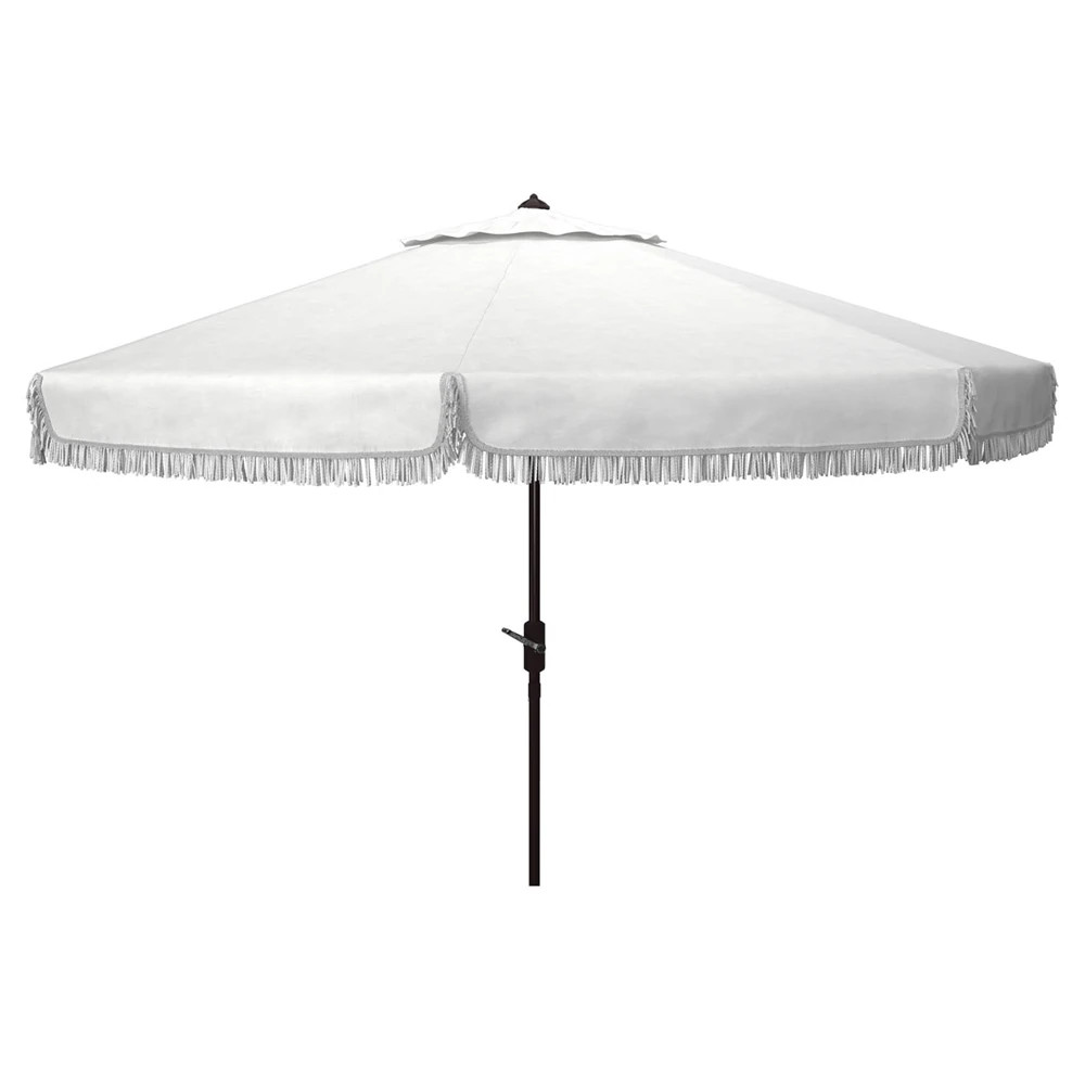 Colette French Country White Round Fringe Patio Umbrella | Kathy Kuo Home