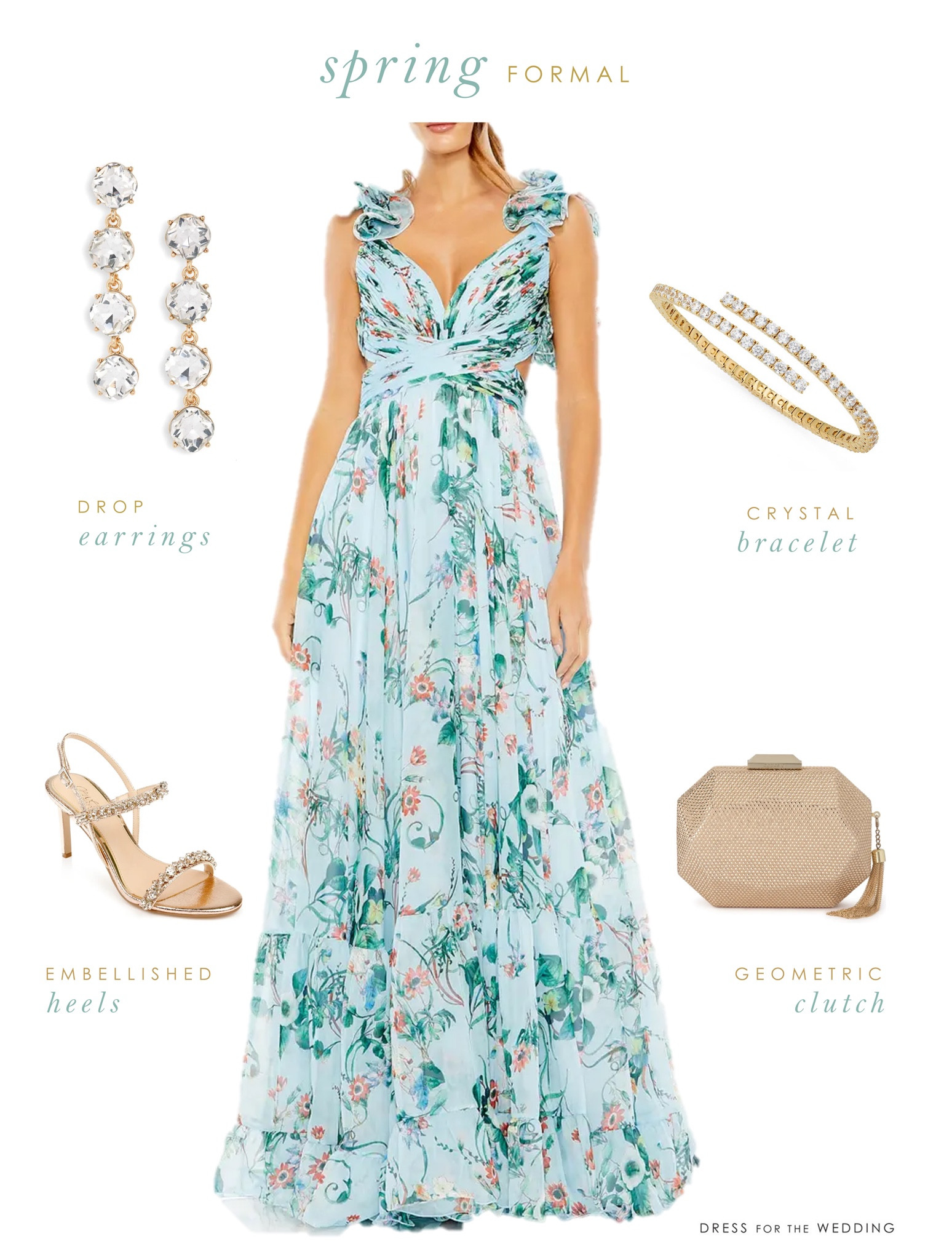 Spring formal wedding guest dress, earrings, crystal cuff Mac Duggal dress, spring formal dress, blue floral dress, gold embellished heels, Badgley Mischka heels, gold clutch, Olga Berg clutch Nordstrom dress, black tie wedding guest attire, blue bridesmaid dress, mix and match bridesmaid dress 

#LTKwedding #LTKover40 #LTKSeasonal