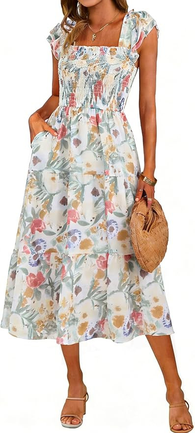Simplee Women Floral Summer Sun Dress Flutter Sleeve Smocked Chiffon Midi Dress Casual Boho Flowy... | Amazon (US)