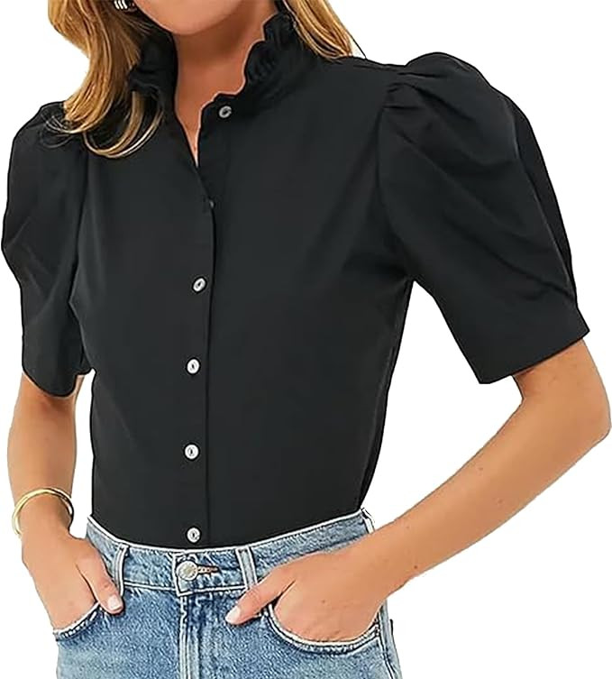 Womens 2024 Summer Black Top Ruffle Stand Collar Button-Down Shirt Puff Sleeves Blouse | Amazon (US)