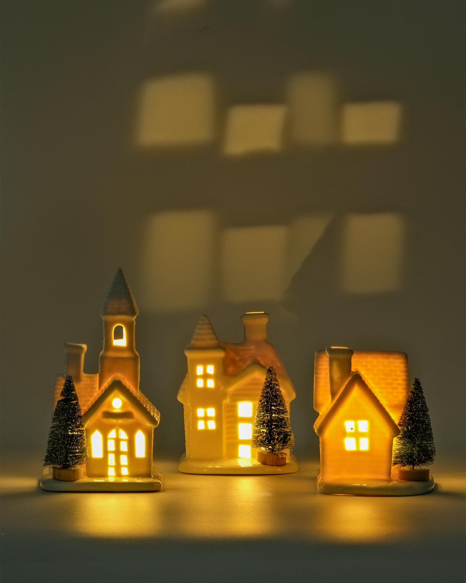 DN DECONATION Light up Christmas Decor Ceramic Village Houses, 3Pcs White Christmas Porcelain Vil... | Amazon (US)