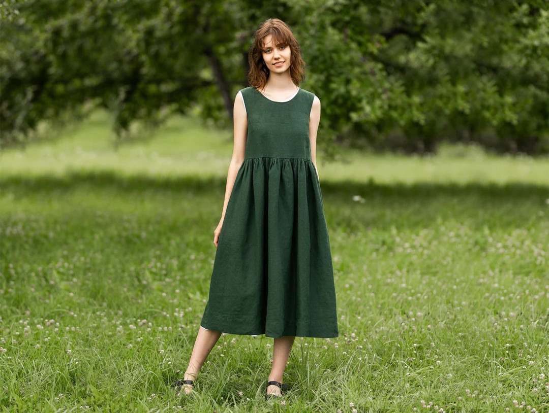 LINEN SMOCK DRESS Evergreen Dress, Summer Tank Dress, Oversize Linen Dress, Plus Size Clothing, L... | Etsy (US)