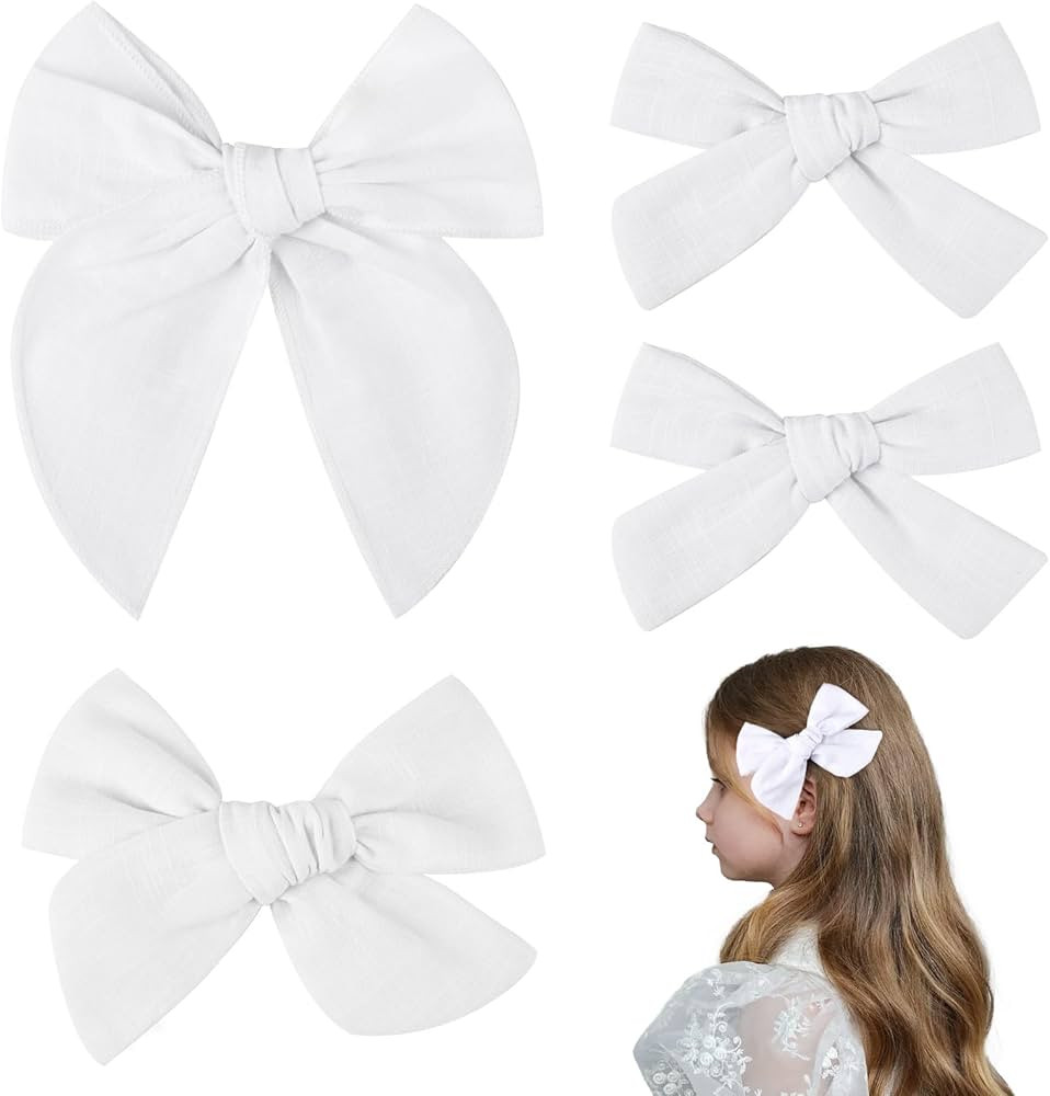DEEKA 4 PCS White Cotton Linen Hair Bows 3 Styles 5" & 4" Handmade Hair Bow set for Toddler Girls... | Amazon (US)