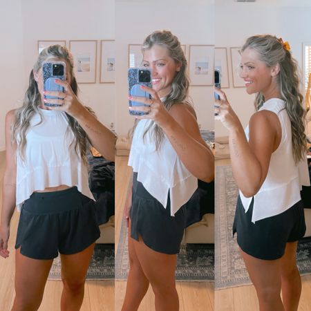 Size XS tank / small shorts 
These are AMAZING!!!! I wore these all day yesterday and for my workout last night (I did a 4 mile run a quick ab and arm weightlifting session) and they were phenomenal!!!!! Felt like I was wearing nothing. Highly, highly recommend!!!!