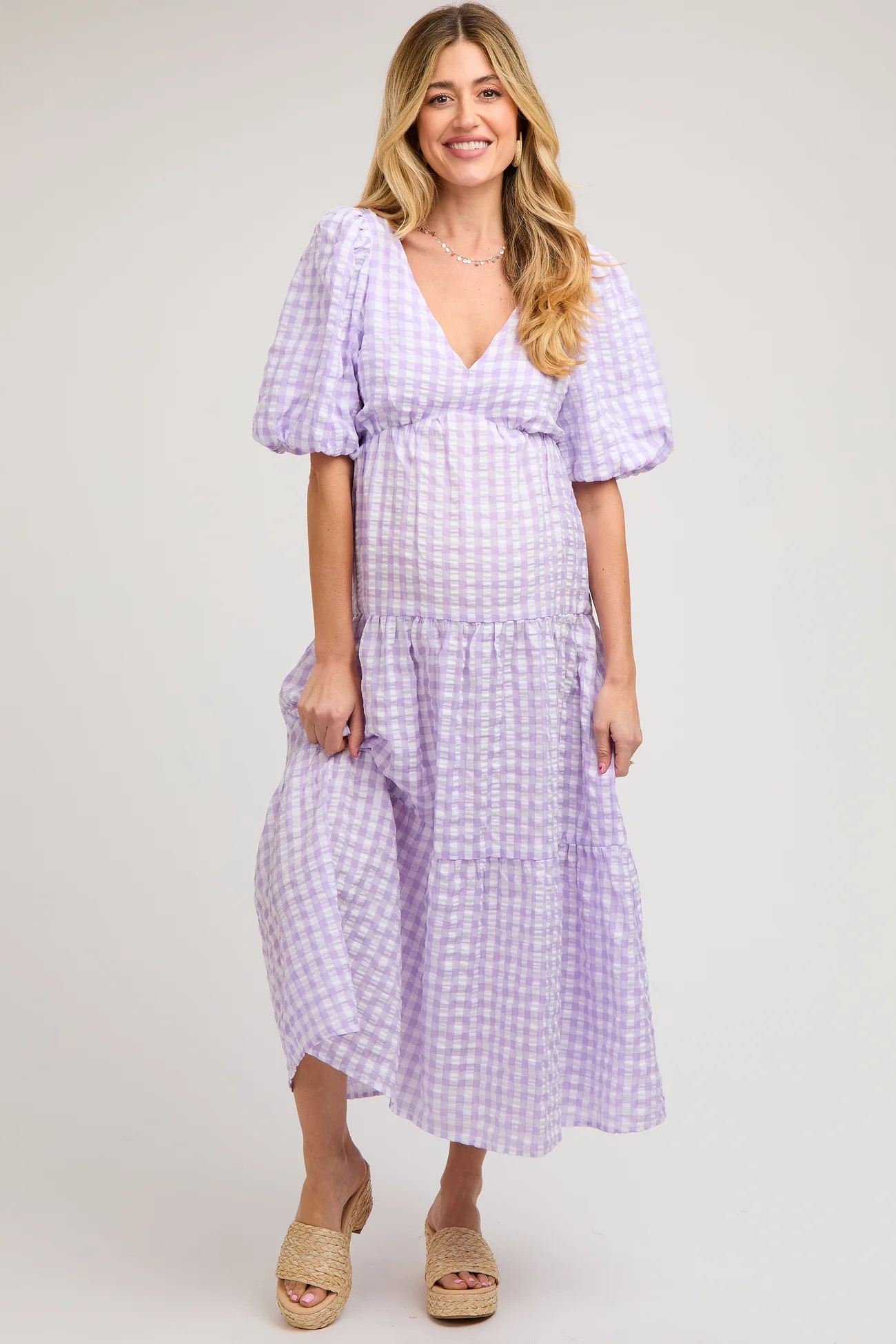 Lavender Gingham Puff Sleeve Maternity Tiered Midi Dress | PinkBlush Maternity