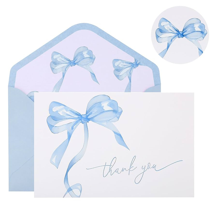 30Pack Blue Bow Thank You Cards with Envelopes Stickers Bow Blank Note Card Watercolor Greeting C... | Amazon (US)