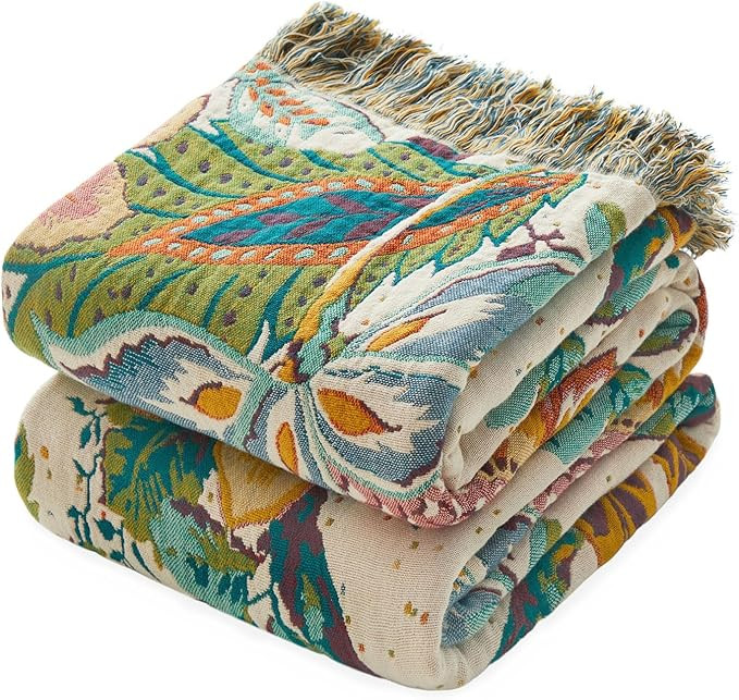 MSGKV Boho Throw Blanket for Bed Twin Size 100% Cotton Floral Blanket 60"x80" for Sofa Couch Musl... | Amazon (US)