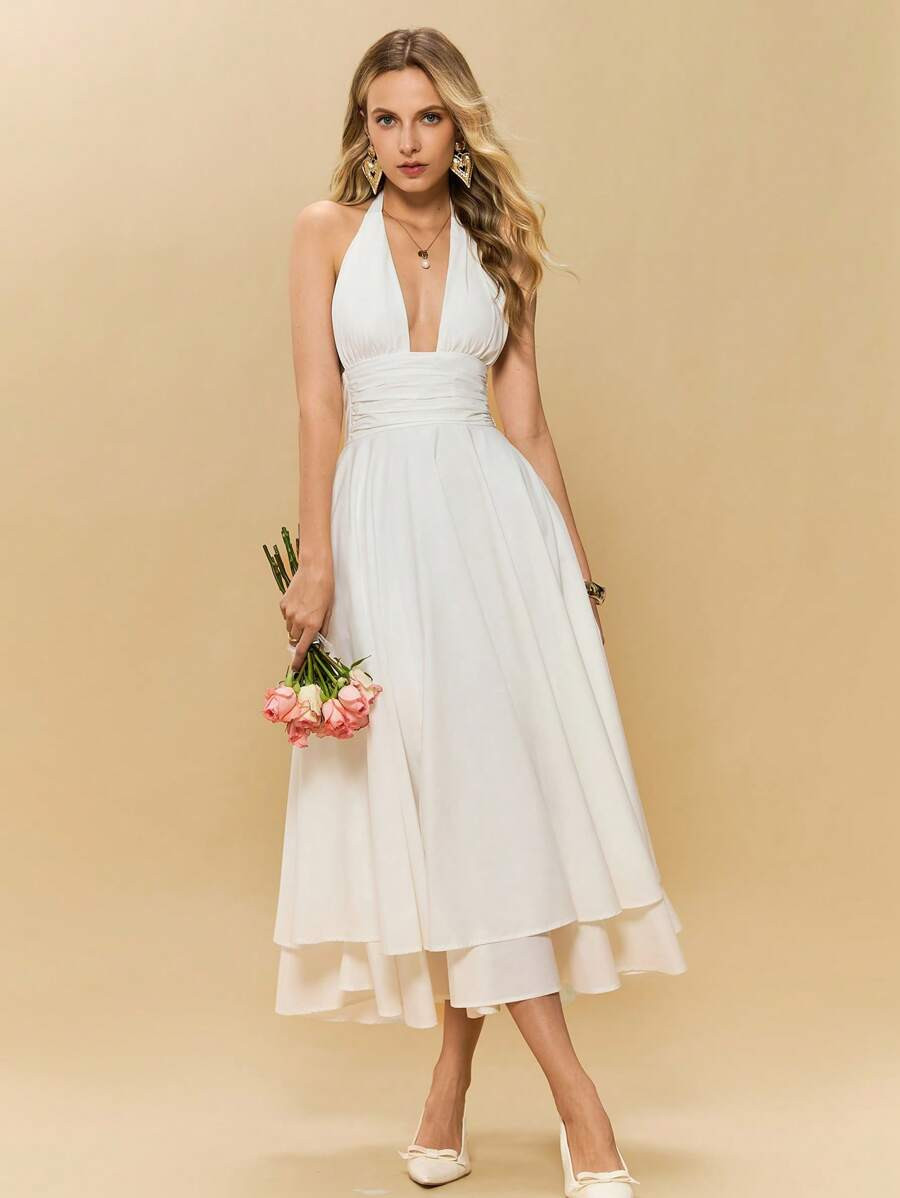 Poéselle French White Swan Elegant Dress, Light Wedding Dress Sexy V-Neck Dress, Backless Halter... | SHEIN