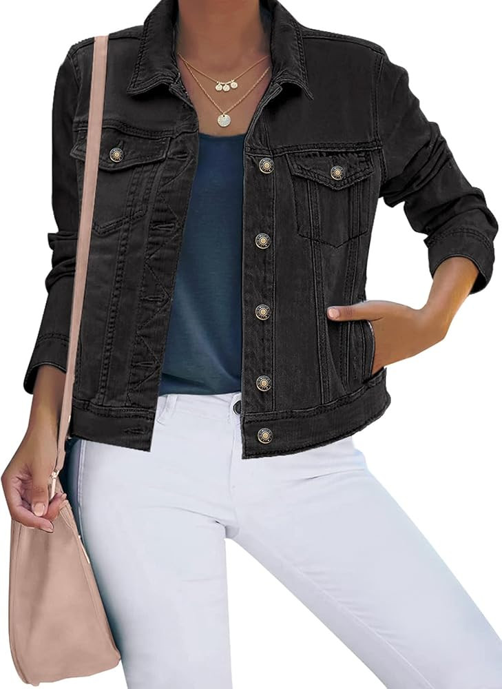luvamia Women's Basic Button Down Stretch Fitted Long Sleeves Denim Jean Jacket | Amazon (US)