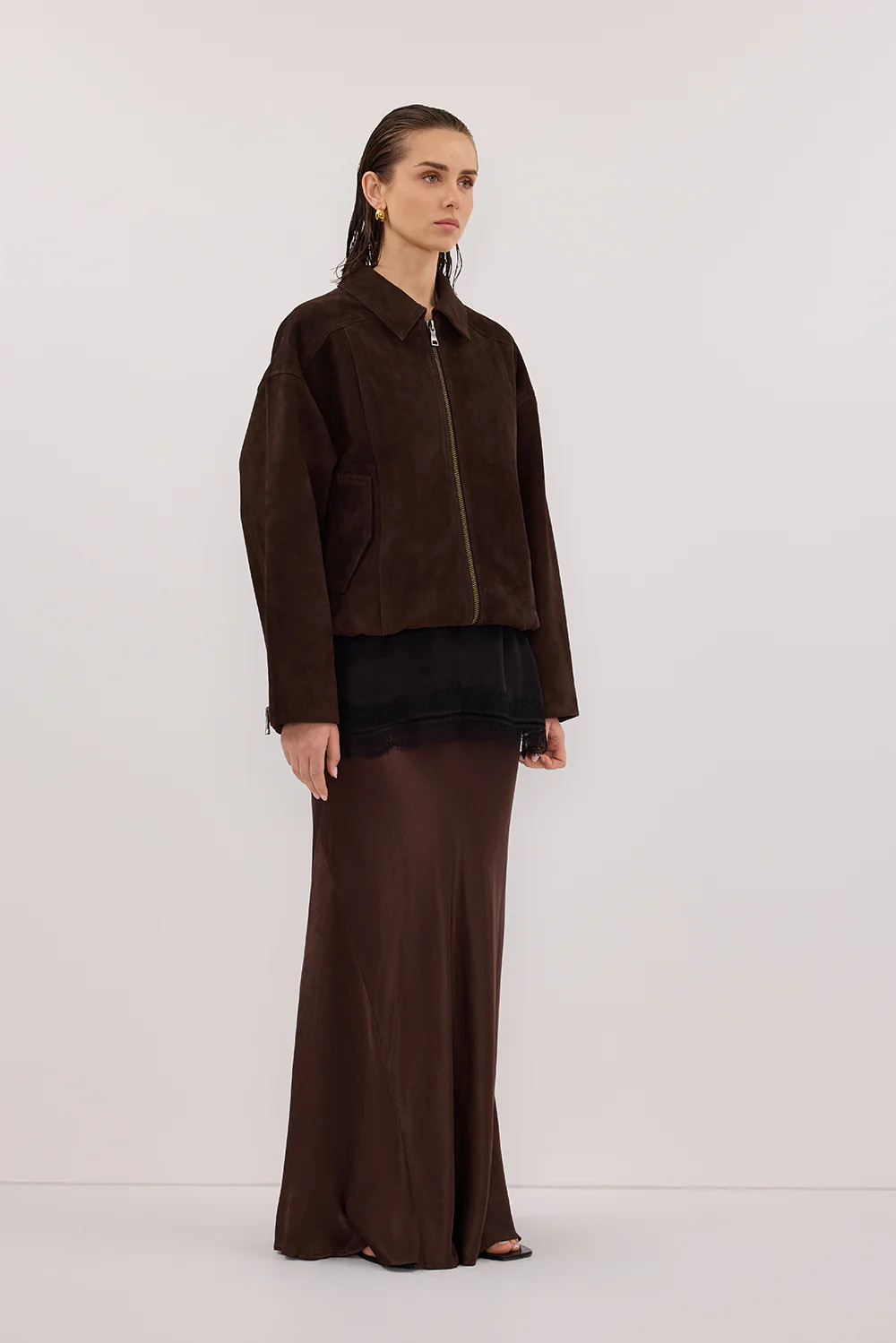 CHARLI BITTER CHOC SATIN MAXI SKIRT | DISSH