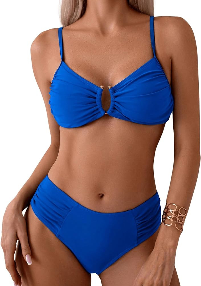 SweatyRocks Women's Two Piece Bikini Set Ring Linked Ruched Underwire Bikini Bathing Suit Swimwea... | Amazon (US)
