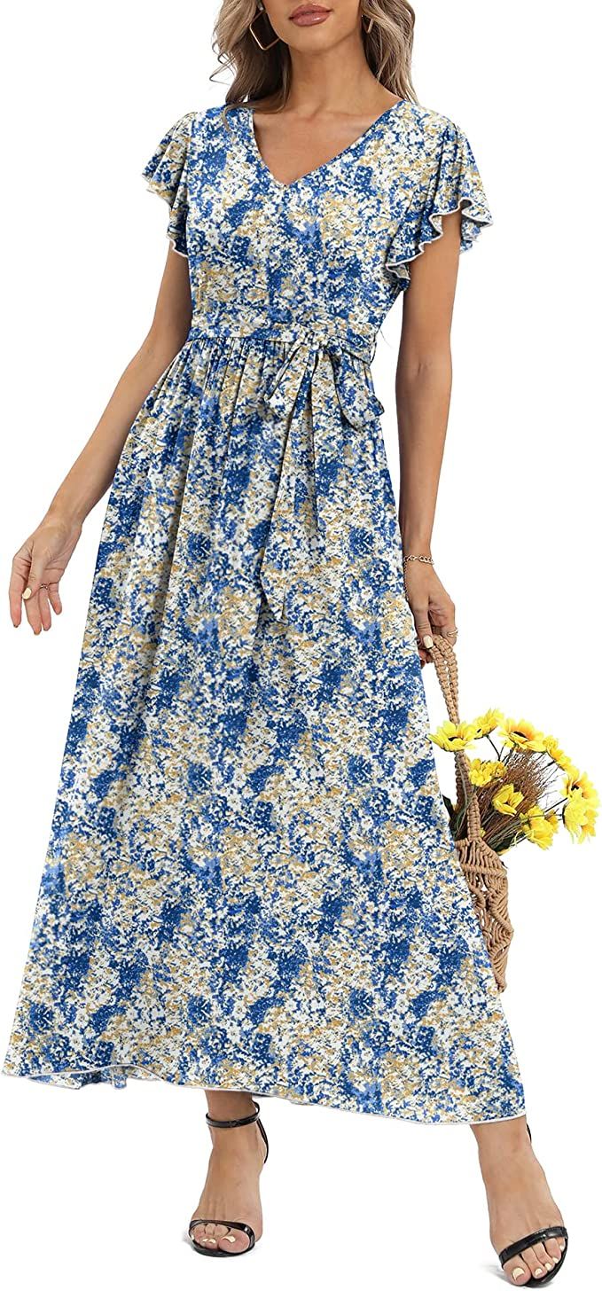 LILBETTER Women's Summer Floral V Neck Dress Ruffle Short Sleeves Casual Long Maxi Dresses | Amazon (US)
