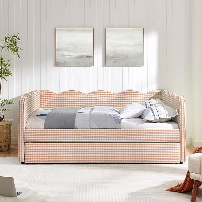 DEINPPA Full Size Upholstered Daybed with Trundle, Gingham Daybed with USB Ports for Bedroom Livi... | Amazon (US)