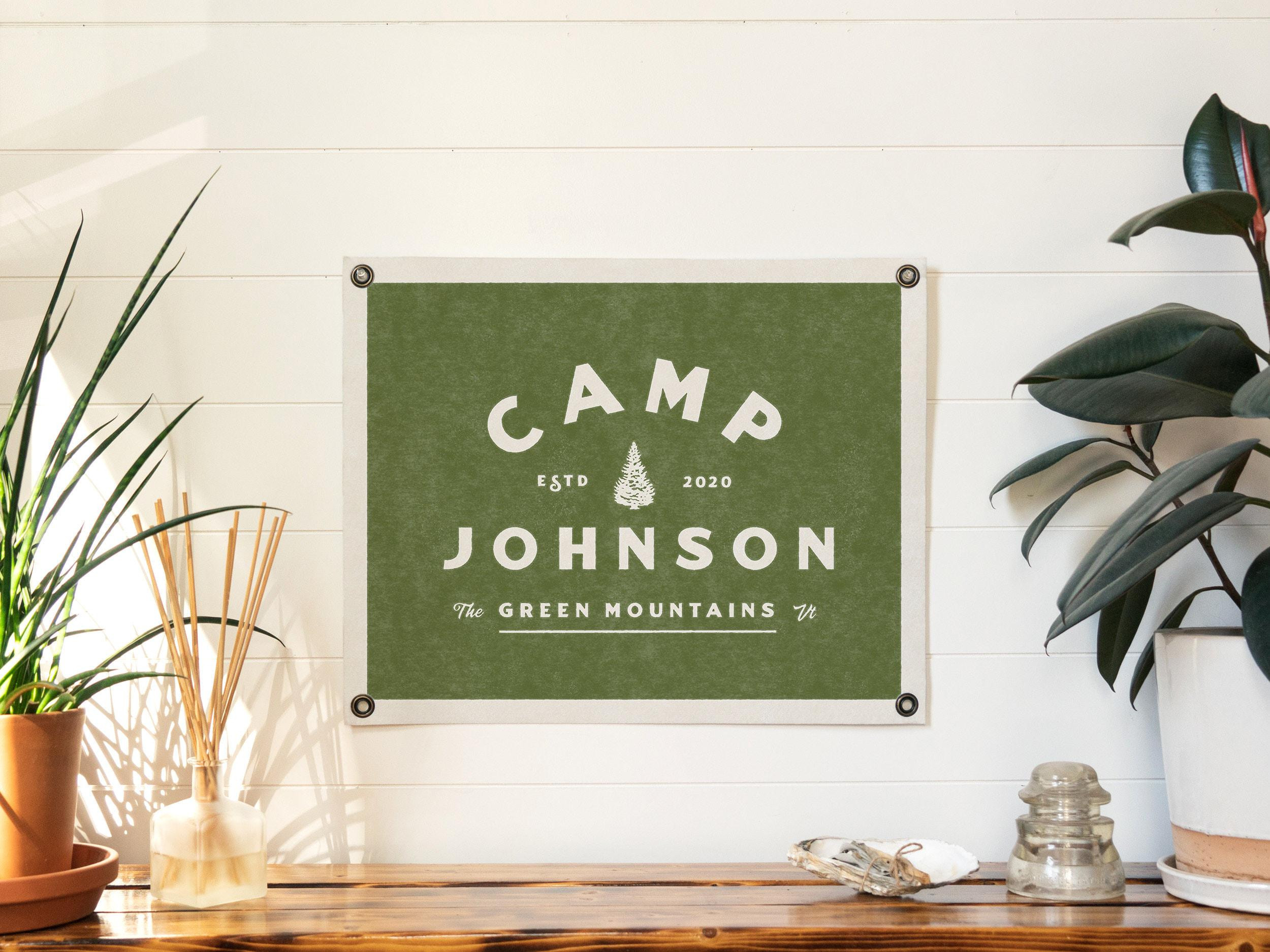 Custom Camp Name Sign Felt Banner | Classic vintage style typography flag. Personalized pennant family gift. Lake camp, mountain cabin. | Etsy (Global)