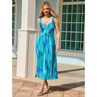 Sosandar Watercolour Print Belted Pleated Fit & Flare Dress - Blue | Very (UK)