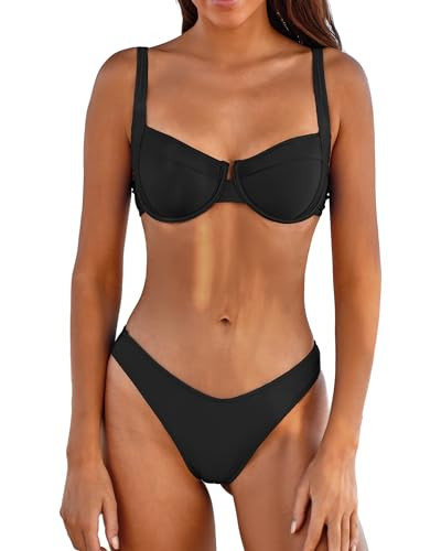 Jolefille Underwire Swimsuits for Women 2 Piece Bathing Suit Triangle Push Up Bikini Top High Cut Cheeky Swim Bottom | Amazon (US)