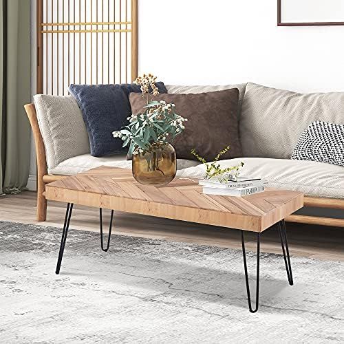 P PURLOVE Modern Wood Coffee Table, Easy Assembly Coffee Table for Living Room Chevron Pattern & Met | Amazon (US)