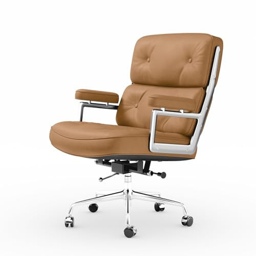 Genuine Leather Office Chair, Mid Back Executive Desk Chairs with Aluminum Arms and Wheels, Swivel Office Leather Chair with Thickened Backrest and Ergonomic Lumbar Support, Light Brown | Amazon (US)
