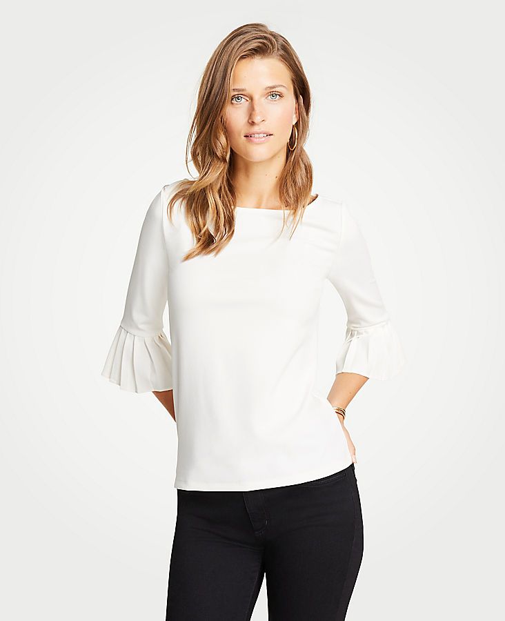 Pleated Cuff Boatneck Top | Ann Taylor (US)