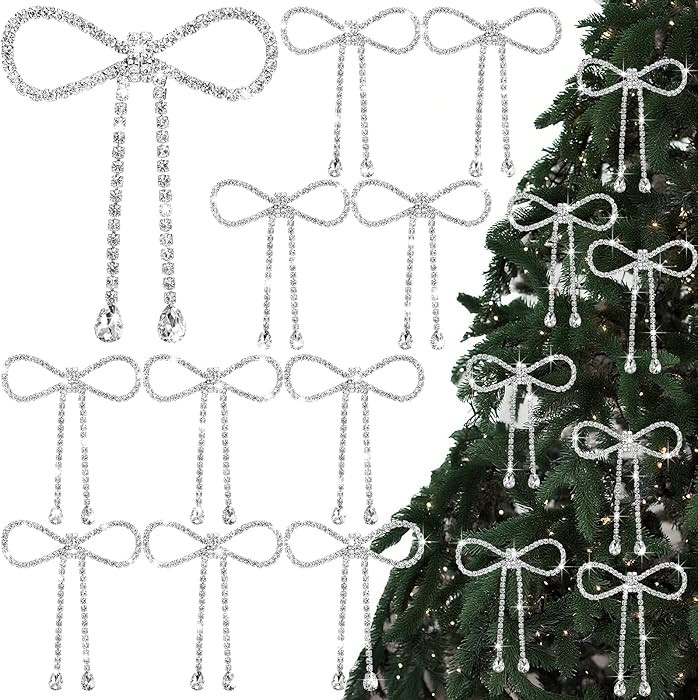Amazon.com: Highergo 12 Pcs Rhinestone Christmas Bows Ornaments Metal Glitter Bow Hanging Ornamen... | Amazon (US)