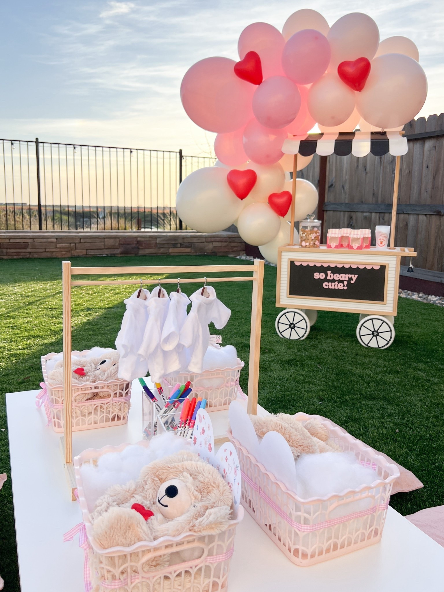 A fun Galentine’s Party theme: Build Your Own Stuffie 🧸💕

- Balloon garland, heart balloons, “so beary cute” decal from Lushra
- Unstuffed Bears and plain white tees from bdaybears.com
- White tabletop and pink pillow covers from IKEA. 

#LTKKids #LTKValentine