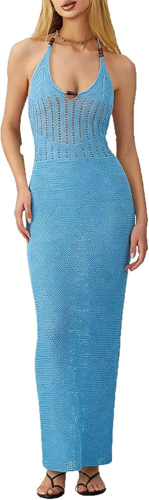 Women Backless Halter Mini Dress Casual Summer Knit Crochet Cutout Tie Back Bodycon Party Dress B... | Amazon (US)