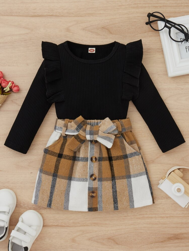 Girls Ruffle Trim Tee & Plaid Belted Skirt | SHEIN
