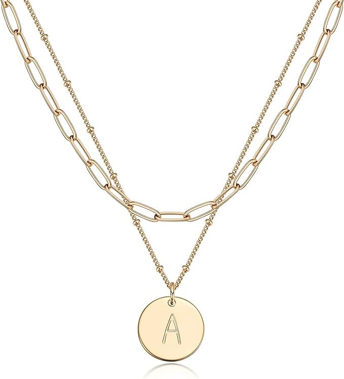 Fettero Layered Necklace Set Gold Coin Disc Initial Pendant 14K Gold Plated Dainty Satellite Pape... | Amazon (US)